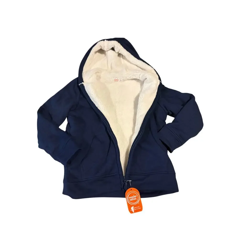 Wonder Nation Boys L 10-12 Sherpa Lined Zip Hoodie Jacket Blue Fleece Full Zip